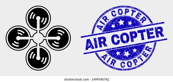 Vector air copter icon and Air Copter seal stamp. Red rounded distress seal stamp with Air Copter caption. Vector combination in flat style. Black isolated air copter icon.