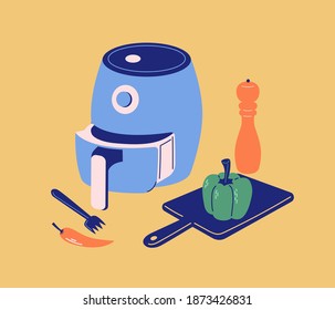 Vector air fryer smart kitchen tool. Modern colorful flat illustration with pepper mill, fork, cutting board. 