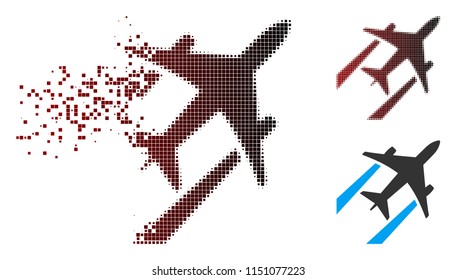 Vector air jet trace icon in dispersed, pixelated halftone and undamaged solid variants. Disappearing effect involves square dots and horizontal gradient from red to black.