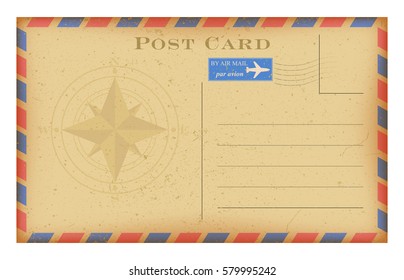 Vector air mail old postcard with compass . Grunge paper vintage post card. Isolated on white.