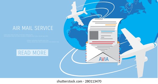 Vector air mail service web flat background. Global communication. Social network. Concepts for web banners and promotional materials.