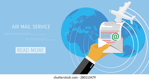 Vector air mail service web flat background. Global communication. Social network. Concepts for web banners and promotional materials.
