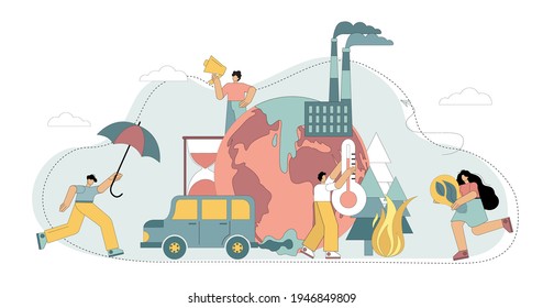 Vector. Air pollution with CO2 gas. Increase in ambient temperature. The greenhouse effect. Salvation of the earth. Little people protect the earth from harmful factors. Vector illustration