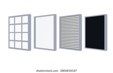 Vector air purifier filter layers set isolated on white background. Clean multi-stage filtration system elements template for infographic design and home appliance advertising.
