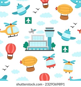 Vector air transport seamless pattern. Funny transportation repeating background with plane, zeppelin, helicopter, hot air balloon, clouds, airport for kids. Cute airborne vehicles texture
