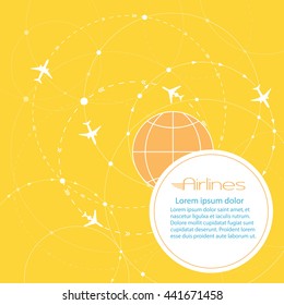 Vector air travel background. White planes on yellow background with stripes, design for airports and travel agencies, vector illustration