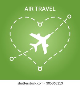 Vector Air Travel Concept Illustration. Airplane with love shaped route.