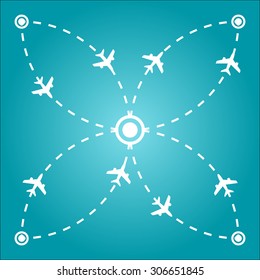 Vector Air Travel Concept Illustration. Airplanes with flower shaped route. Airplanes routes.