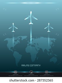 Vector Aircraft brochure. Banner with three plans and world map