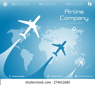 Vector aircraft brochure with planes, whirlwinds, infographics elements and world map. Can be used  for travel agencies, aviation companies. Airline banner