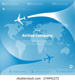 Vector aircraft brochure with planes, whirlwinds, infographics elements and world map. Can be used  for travel agencies, aviation companies. Airline banner