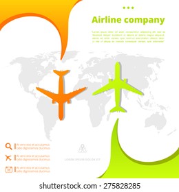 Vector aircraft brochure with planes, whirlwinds, infographics elements and world map. Can be used  for travel agencies, aviation companies. Airline banner