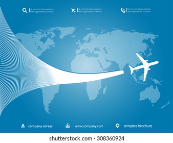 Vector aircraft brochure with planes, whirlwinds, infographics elements and world map. Can be used for travel agencies, aviation companies. Airline banner