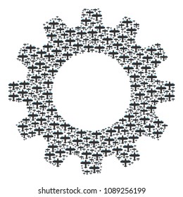 Vector aircraft icons are grouped into gear wheel figure. Mechanical design concept constructed of aircraft objects.