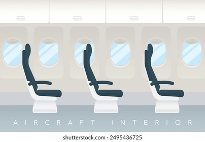 Vector aircraft interior with three empty airplane seats in a row. The seats are black with white bases, and there are windows behind each seat. The text "AIRCRAFT INTERIOR" is at the bottom.