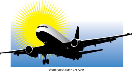 A vector of an aircraft taking off with the sun behind it