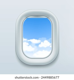 Vector aircraft window or porthole. View of the blue sky with clouds. Stock illustration.