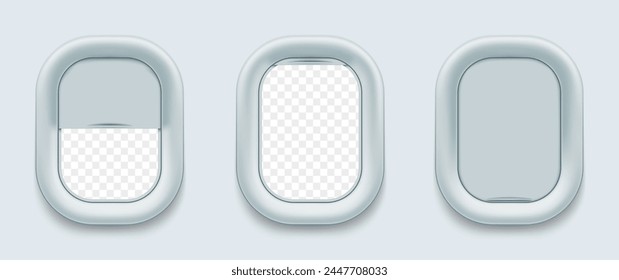 Vector aircraft windows. Airplane porthole in open and closed positions. Stock illustration.