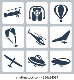 Vector aircrafts icons set: autogyro, jet pack, air balloon, paraglider, helicopter, hang-glider, glider, flying saucer, airship