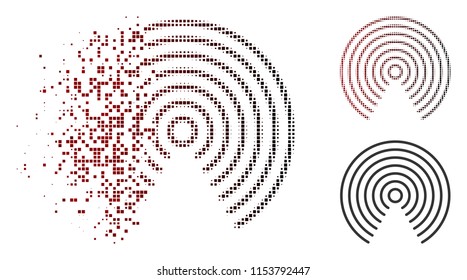 Vector airdrop icon in dispersed, dotted halftone and undamaged whole variants. Disappearing effect involves rectangular dots and horizontal gradient from red to black.