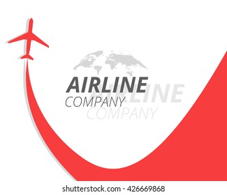 Vector Airline Banner With Red Plane And Airplane Stream Jet. Modern Poster Can Be Used For Travel Agencies. Airline Company. World Map