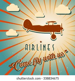 Vector airline brochure with  swirled retro airplane. Pin-up banner with place for your text. For travel agencies and aviation companies