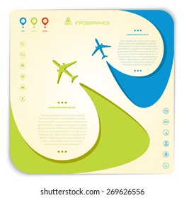 Vector airline brochure with two swirled airplanes and infographic elements, minimalistic style, whirlwind of airplane, for travel agencies, aviation companies