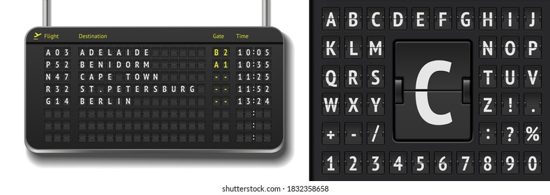 Vector airline departure board isolated. Realistic analog airport board template. Black 3d airport timetable with arrivals with flip scoreboard font