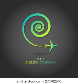 Vector airline logotype. Aircraft brochure with  swirled whirlwind of airplane. For travel agencies and aviation companies.