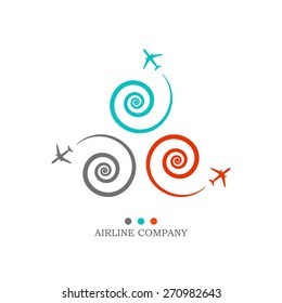 Vector airline logotype. Aircraft brochure with  swirled whirlwind and three red, cyan and red airplanes. For travel agencies and aviation companies.