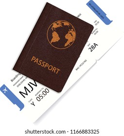 Vector airline passenger boarding pass tickets inside international passport. Realistic variant of travel concept
