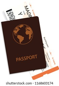 Vector airline passenger boarding pass tickets inside of passport.