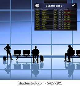 Vector of Airline passengers with luggage waiting for delayed flights to depart. JPG and TIFF image versions of this vector illustration are also available in my portfolio.