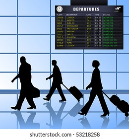 Vector of airline passengers with luggage walking past a flight departures information board. JPG and TIFF image versions of this vector illustration are also available in my portfolio.