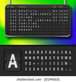 Vector airline timetable isolated. Brasilian flip scoreboard airport template. Black airport board with alphabet and numbers. Mechanical board font on dark background. Destination airport scoreboard.