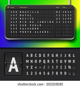 Vector airline timetable scoreboard. Brasilian flip scoreboard airport template. Black information board with alphabet and numbers. Mechanical scoreboard font. Brazil destination airport scoreboard.