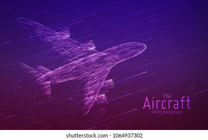 Vector airliner constructed with glowing lines. Thin line wireframe concept. Aircraft flying in sky with motion trails. Travel, tourism, transport concept. Airplane abstract illustration.