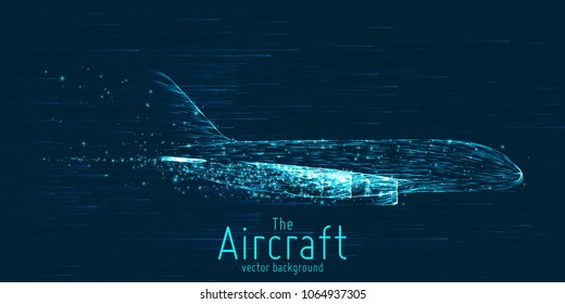 Vector airliner constructed with glowing lines. Thin line wireframe concept. Aircraft flying in sky with motion trails. Travel, tourism, transport concept. Airplane abstract illustration.