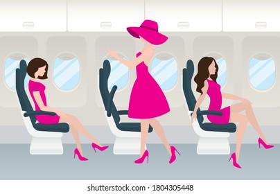 Vector airliner interior with seats and three elegant ladies