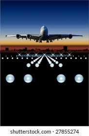 Vector airliner landing at sunset. More vector airplanes see in my portfolio