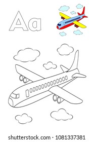 Vector airplane coloring book page for words starting with letter A