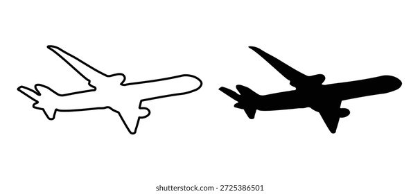 Conjunto de design de avião vetorial. Ilustração de plano de estilo de estrutura de tópicos e silhueta isolada no plano de fundo branco. Veículo Aéreo de Aeróstato Voando para Aterrissagem de Chegada Elemento de projeto do plano de linha.