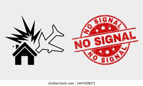 Vector airplane disaster pictogram and No Signal seal. Red rounded textured seal with No Signal text. Vector composition for airplane disaster in flat style.
