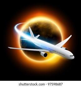 vector airplane flying around a planet