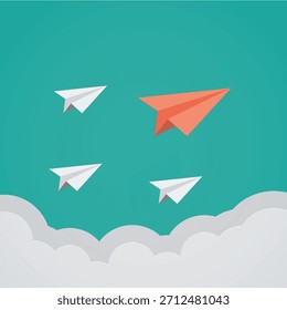 Vector airplane flying on sky background paper business concept of team leadership paper plane changing