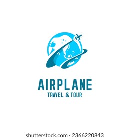 vector airplane flying over the earth, travel or flight logo