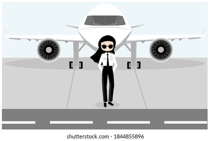 vector of airplane front view and hijab pilot girl at airplane runway