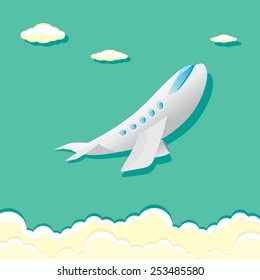 vector airplane icon. airplane fly in blue cloud sky