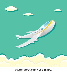 vector airplane icon. airplane fly in blue cloud sky