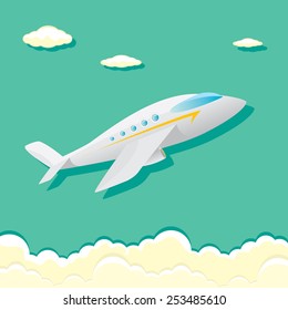 vector airplane icon. airplane fly in blue cloud sky